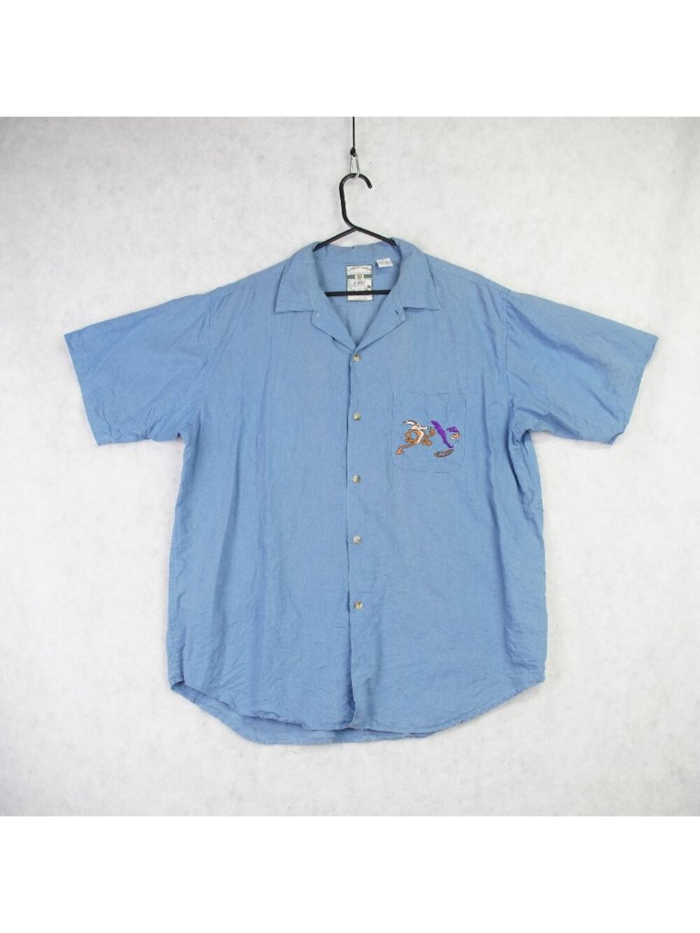 VTG Looney Tunes Linen Blend Camp Shirt Mens Large Blue Wile E Coyote RoadRunner
